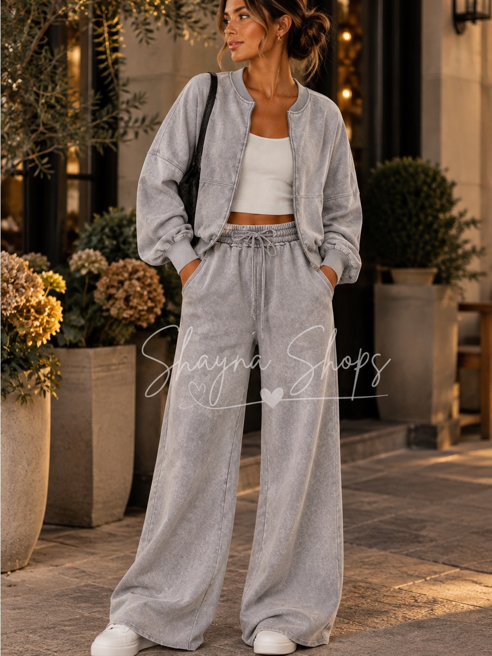 Zenana Sleet Acid Wash Fleece Jacket/Wide Leg Palazzo Sweat Set